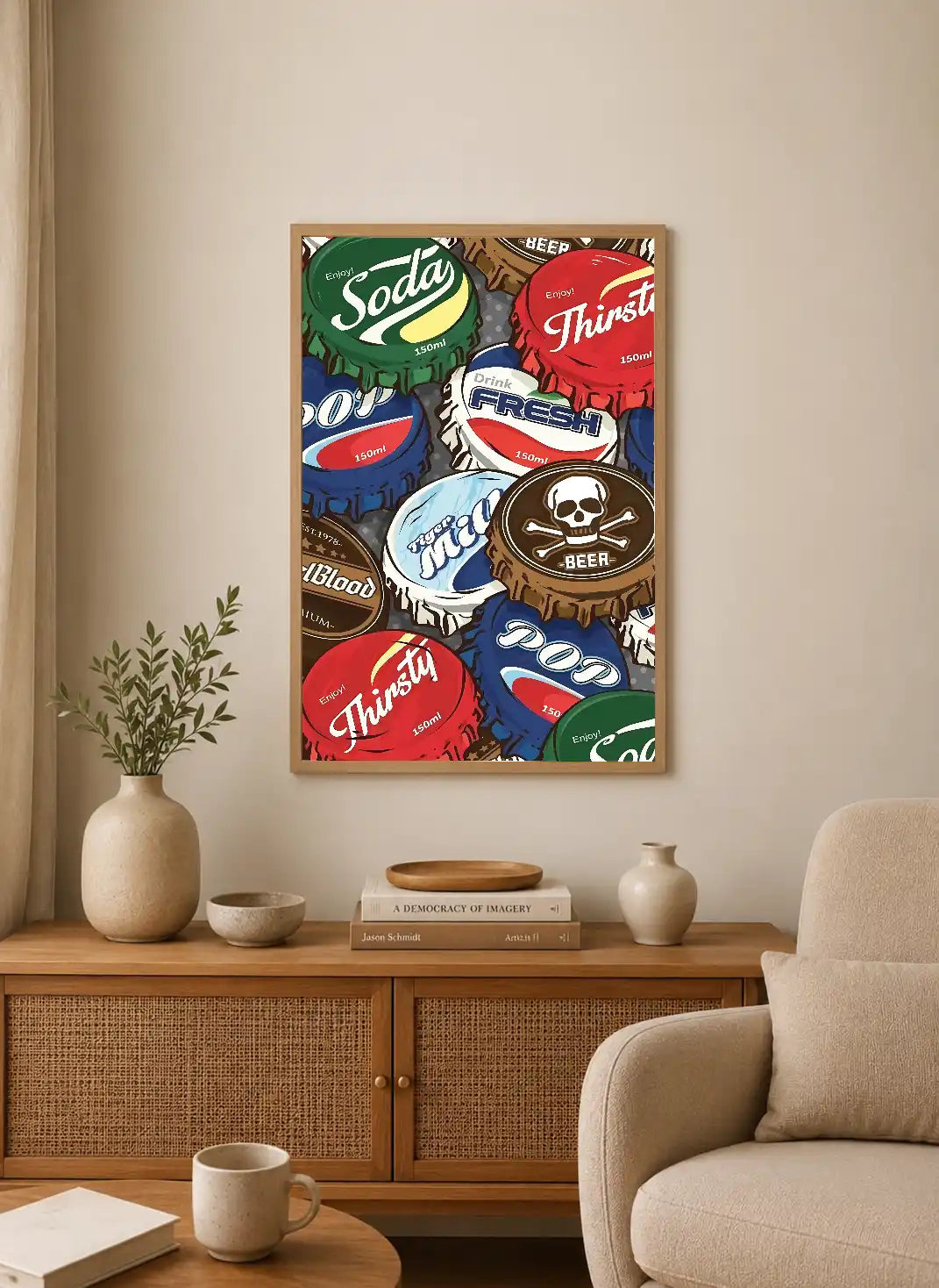 Colorful bottle caps collage with soda, beer, and pop branding; vibrant typography on varied cap designs in a vertical layout