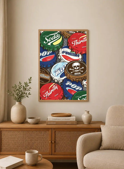 Colorful bottle caps collage with soda, beer, and pop branding; vibrant typography on varied cap designs in a vertical layout
