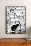 Portrait black and white illustration of four cats on a tiled surface, detailed with cross-hatching