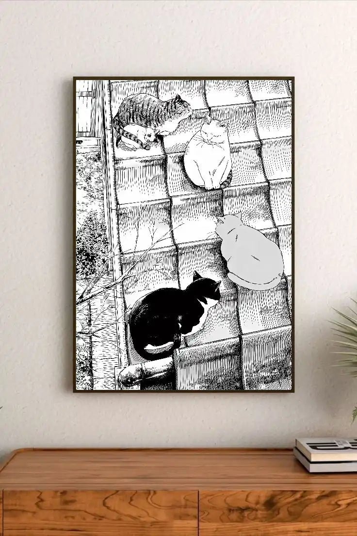 Portrait black and white illustration of four cats on a tiled surface, detailed with cross-hatching