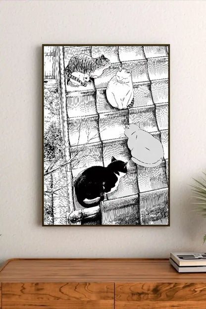 Portrait black and white illustration of four cats on a tiled surface, detailed with cross-hatching