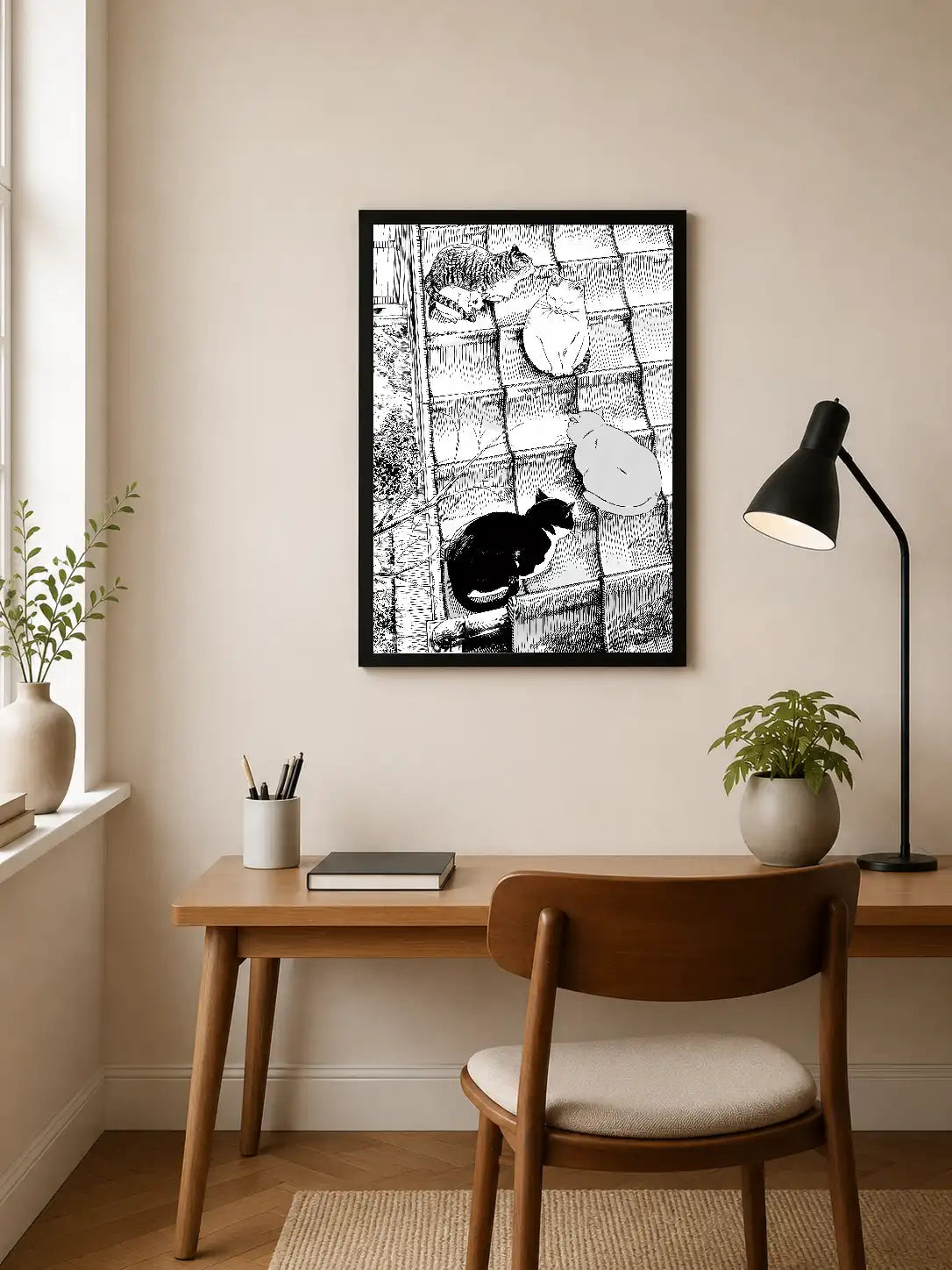 Black-and-white illustration of four cats on a tiled grid, rendered in detailed line work; portrait orientation