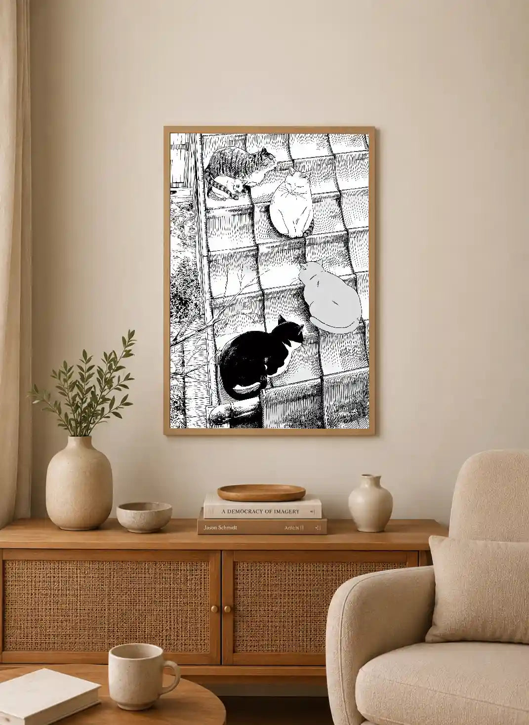 Black and white ink illustration of four cats on a tiled floor, with varied poses and textures in a vertical layout