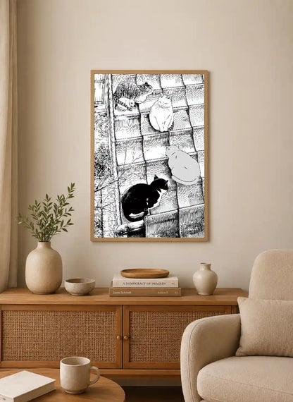 Black and white ink illustration of four cats on a tiled floor, with varied poses and textures in a vertical layout
