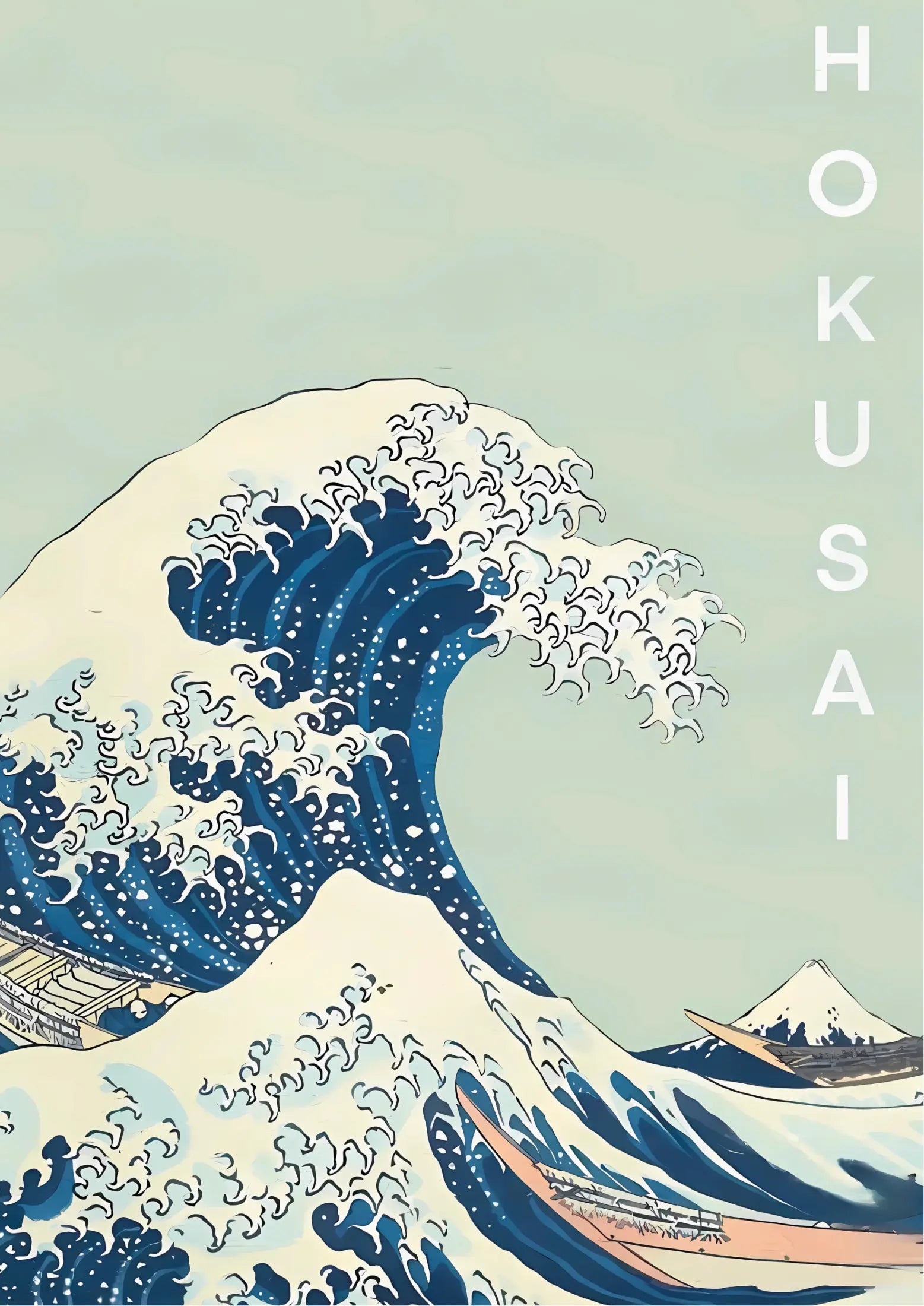 Stylized wave with layered blues and cream peaks, small boats, distant mountain; vertical "HOKUSAI" text on right