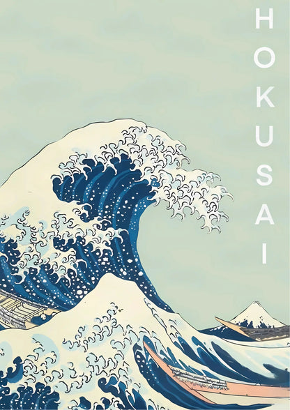 Stylized wave with layered blues and cream peaks, small boats, distant mountain; vertical "HOKUSAI" text on right