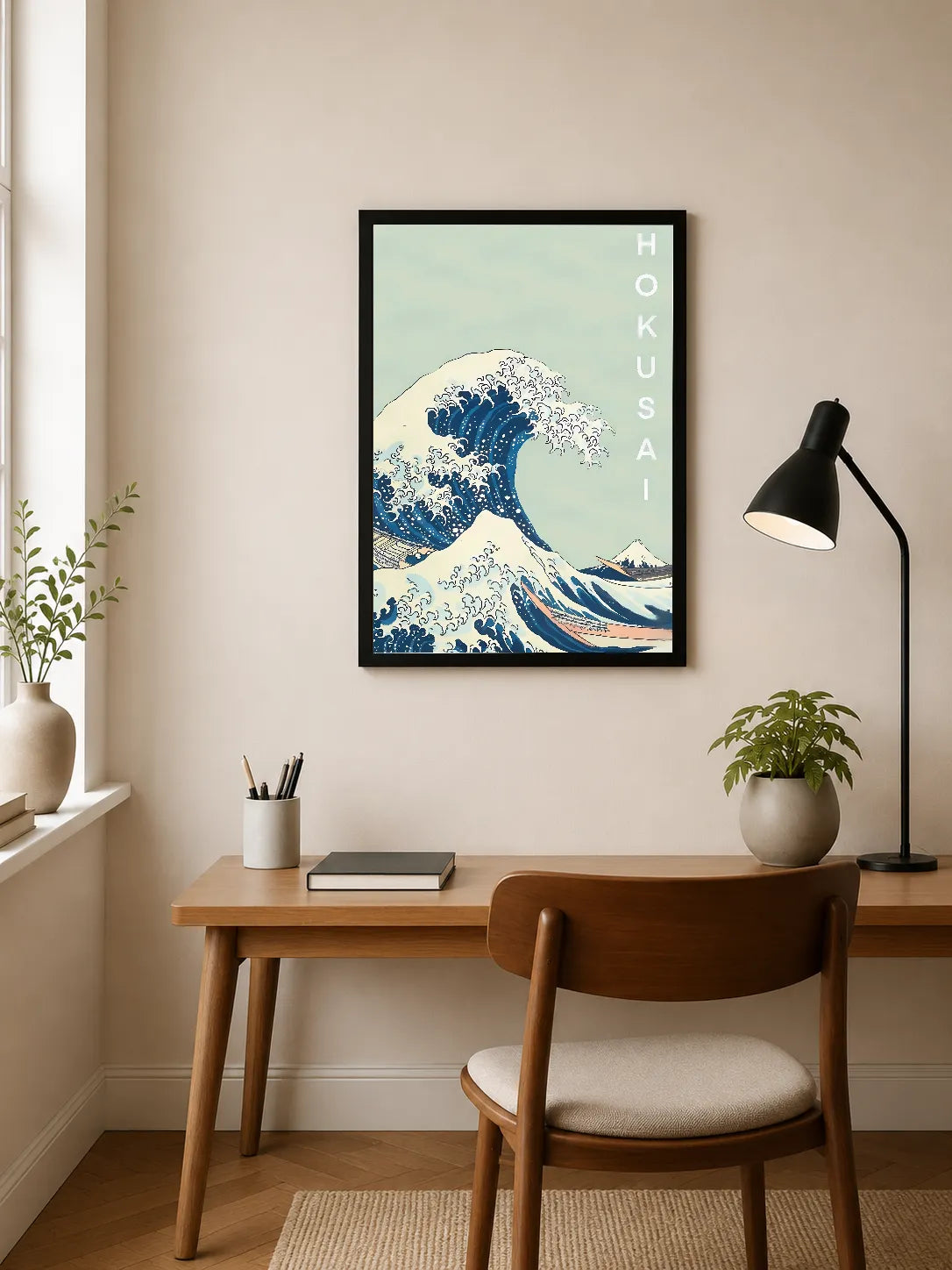 Portrait poster featuring a stylized wave with blue and white hues, vertical text "HOKUSAI" in sans-serif font against a pale green backdrop