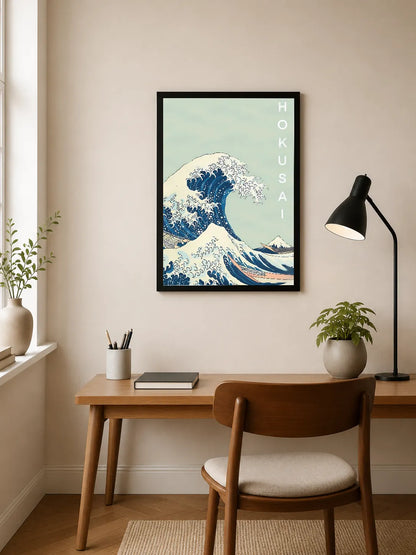 Portrait poster featuring a stylized wave with blue and white hues, vertical text "HOKUSAI" in sans-serif font against a pale green backdrop