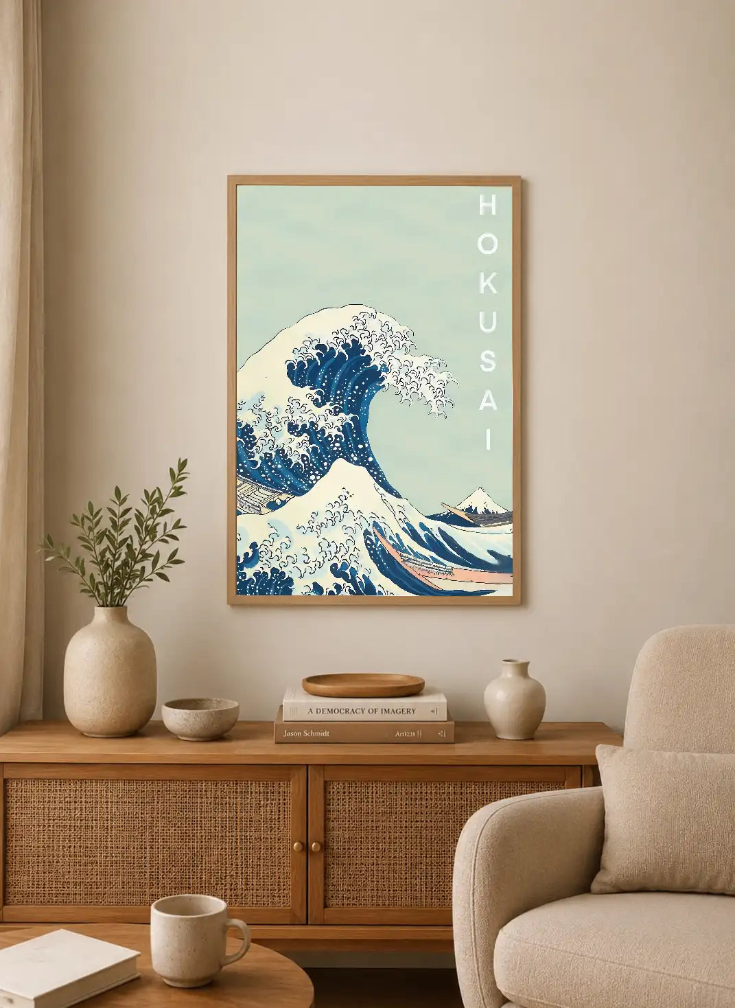Portrait print featuring stylized wave with blue and white tones, mountain in background, vertical "HOKUSAI" text on right