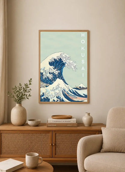 Portrait print featuring stylized wave with blue and white tones, mountain in background, vertical "HOKUSAI" text on right