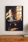 Portrait poster featuring a desk with computer monitor displaying map, surrounded by framed art and potted plants, warm color palette