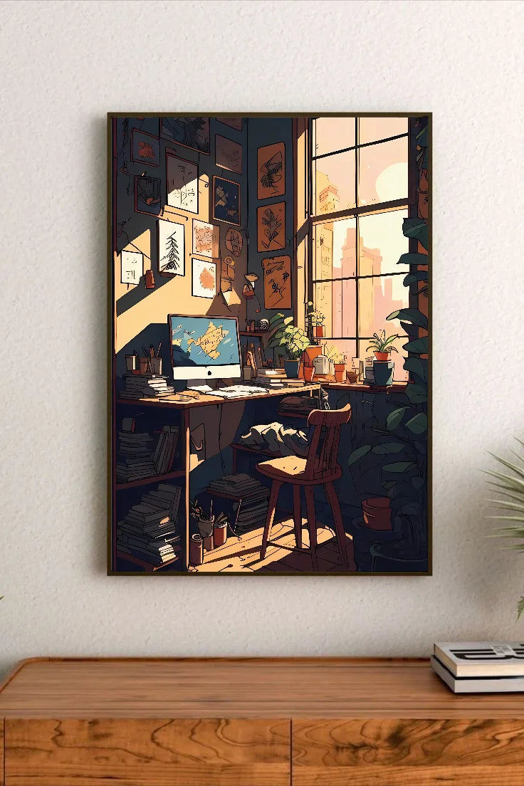 Portrait poster featuring a desk with computer monitor displaying map, surrounded by framed art and potted plants, warm color palette