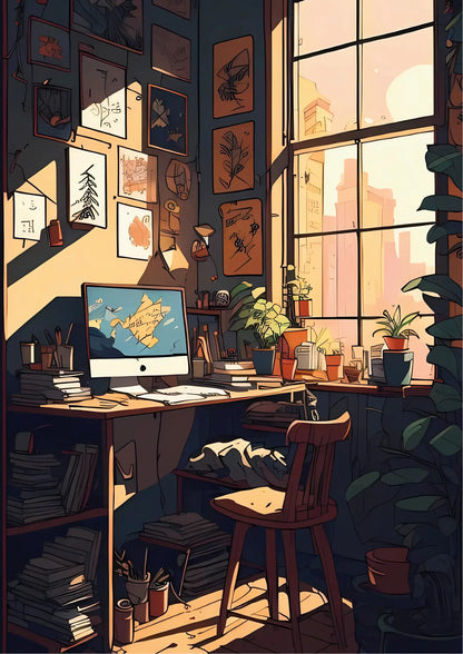 Golden Hour Ghosts | Trip to Japan 25: minimalist travel map illustration with warm yellow and blue tones on a white background, landscape