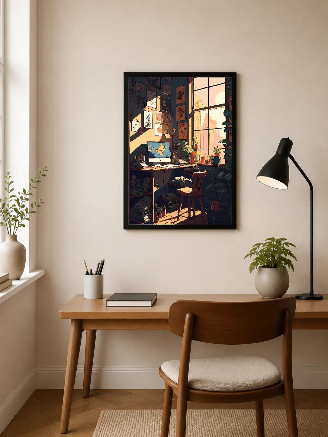 Portrait poster depicts a cozy workspace with warm sunlight streaming through a window, featuring a desk, computer, and shelves filled with framed