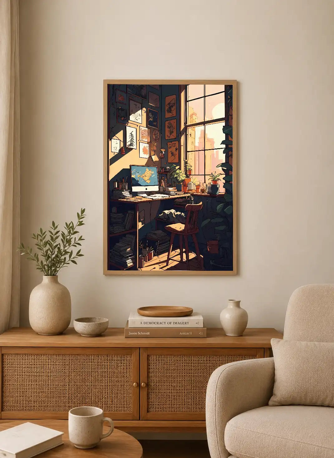 Portrait poster featuring a cozy desk by a window with soft golden light; maps and plants on shelves, warm earth tones and muted greens