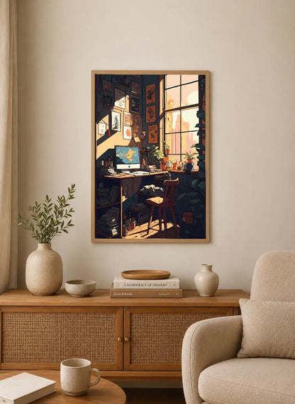 Portrait poster featuring a cozy desk by a window with soft golden light; maps and plants on shelves, warm earth tones and muted greens