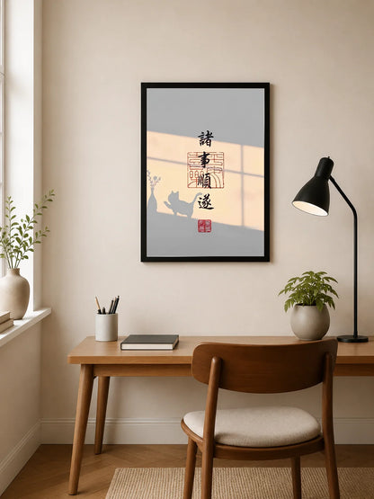 Portrait poster with vertical Chinese characters "諸事順遂" in black ink, accompanied by red seal marks and a cat silhouette against a pale background