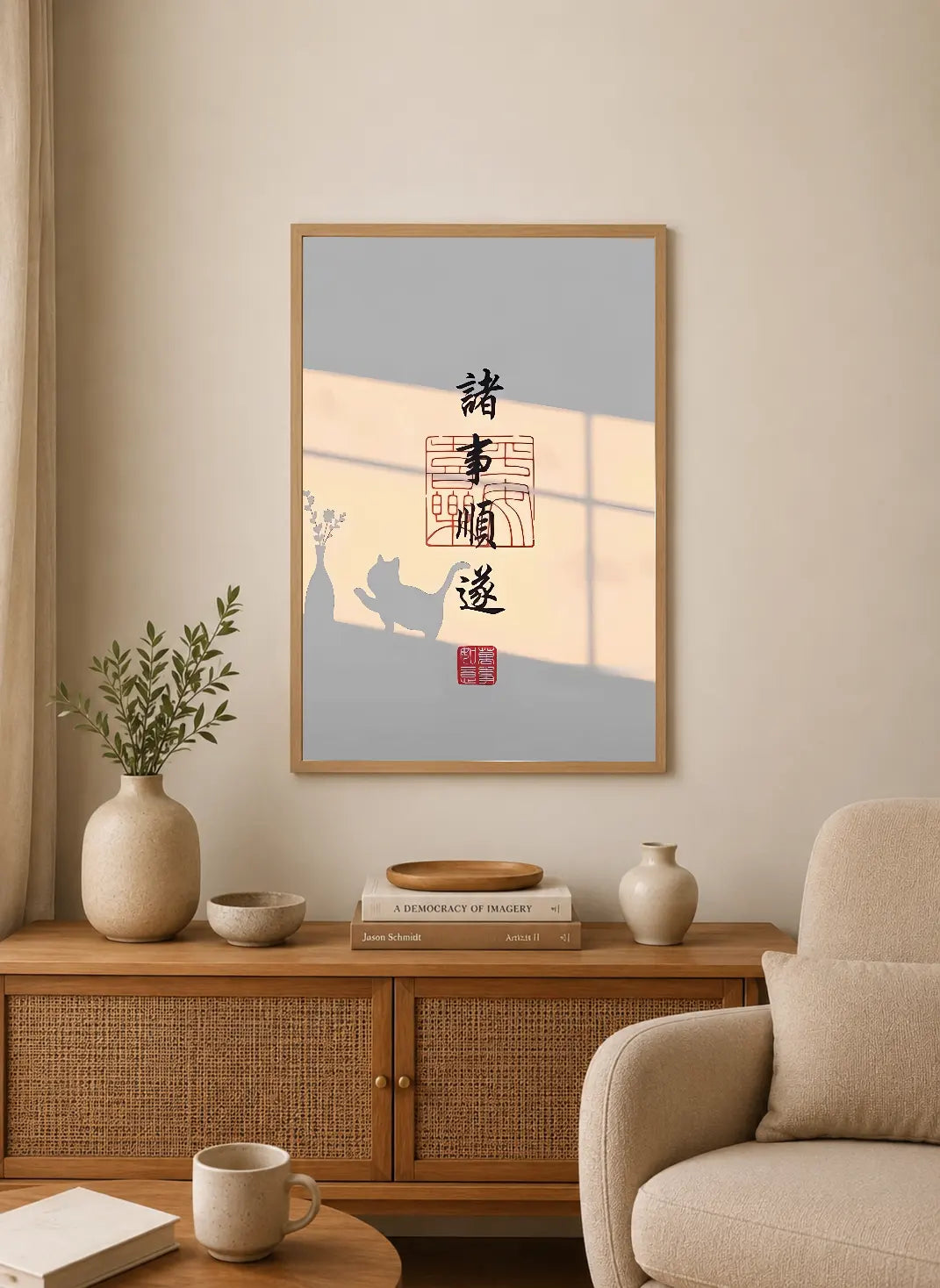 Portrait poster with vertical Chinese characters "諸事順遂" and red seal stamps on a soft beige background