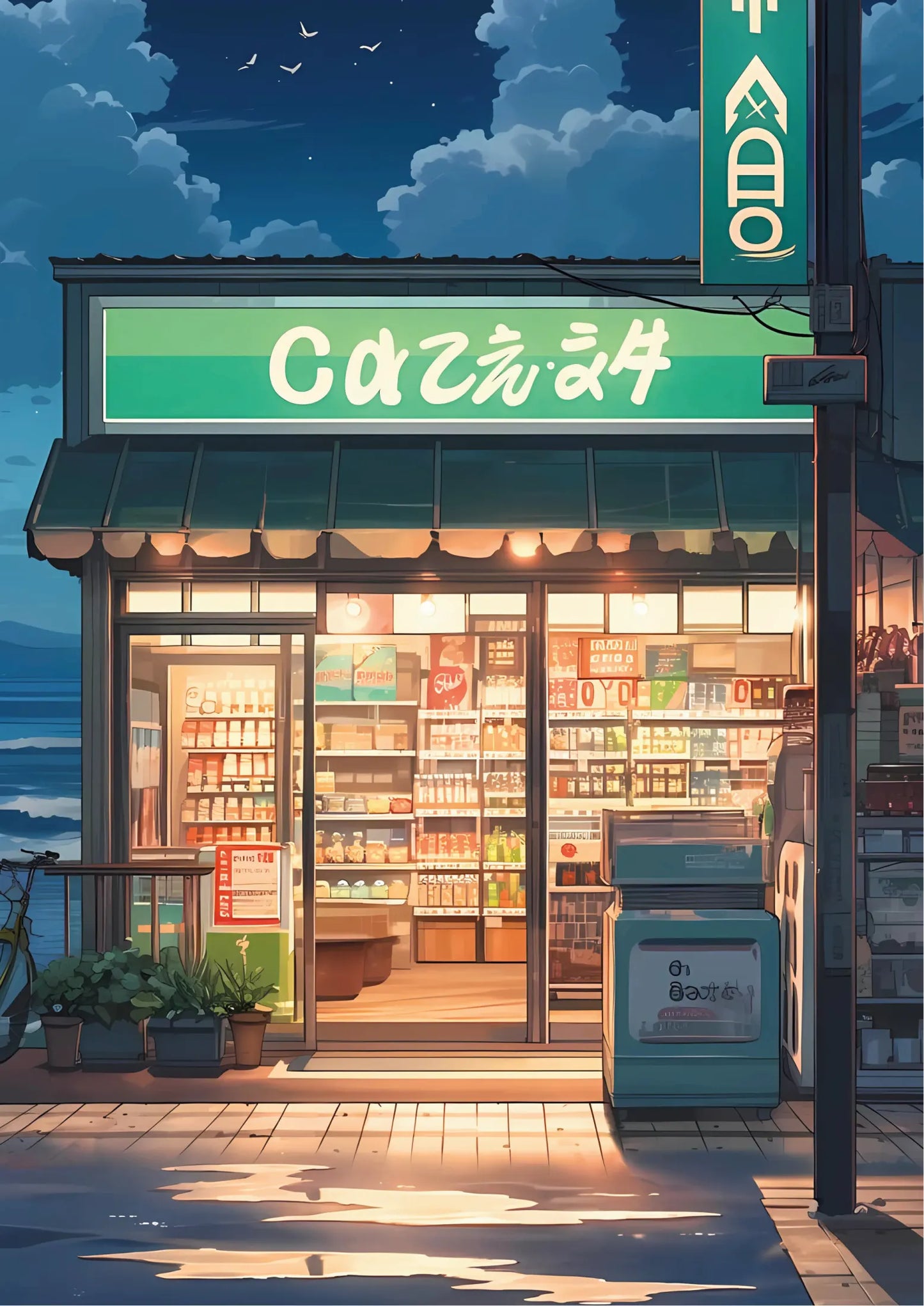 Green and white sign with stylized Japanese characters above a brightly lit convenience store interior featuring shelves stocked with goods