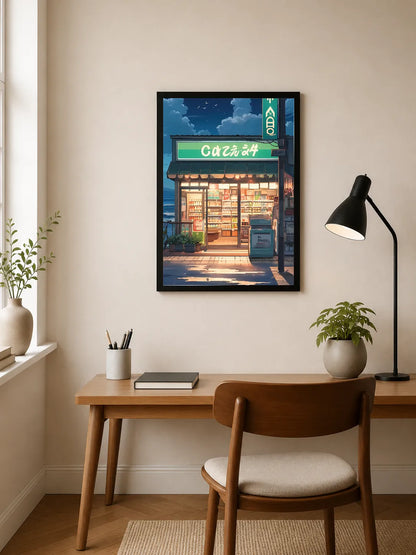 Portrait poster depicting a Japanese convenience store at dusk with warm interior lighting, green signage, and product shelves under a blue sky