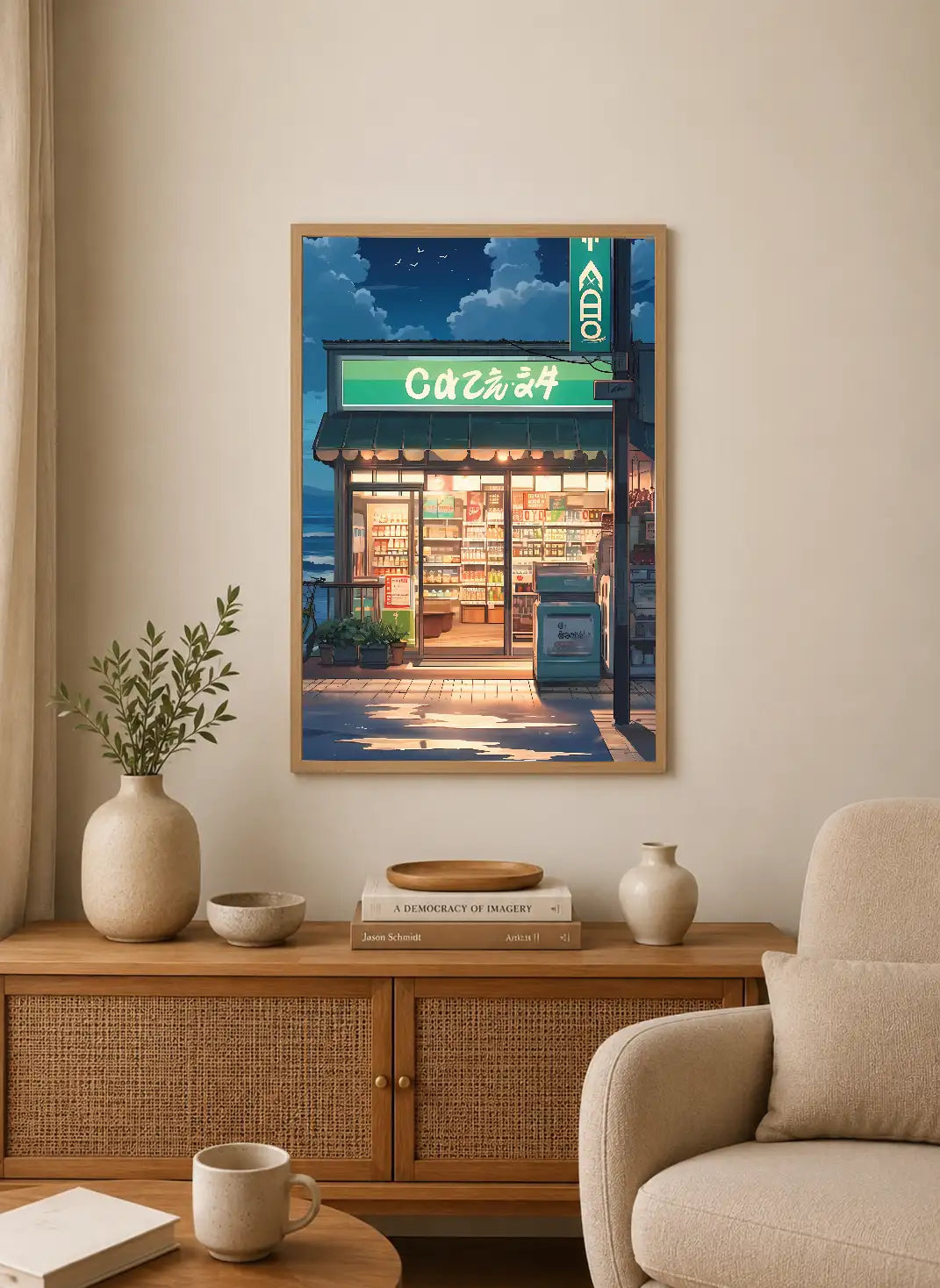 Portrait poster depicting a Japanese convenience store at dusk, with illuminated shelves and green signage under a blue sky