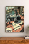 Portrait-style illustration depicts vintage camera on cluttered desk with papers and magazines in muted teal, orange, and beige tones