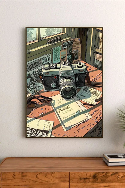 Portrait-style illustration depicts vintage camera on cluttered desk with papers and magazines in muted teal, orange, and beige tones