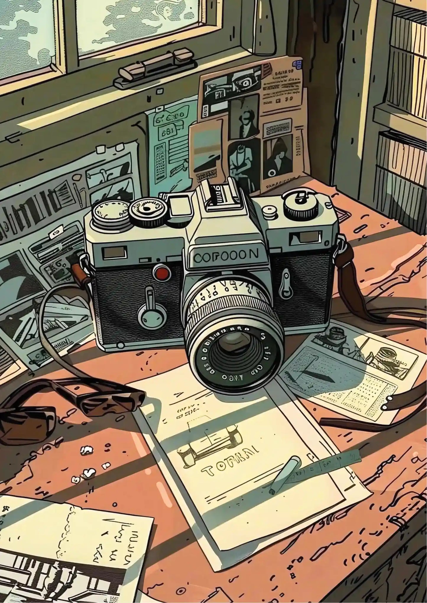 Vintage camera centered on cluttered desk with newspapers, sketches, and a ruler; muted tones, illustrative style, portrait orientation