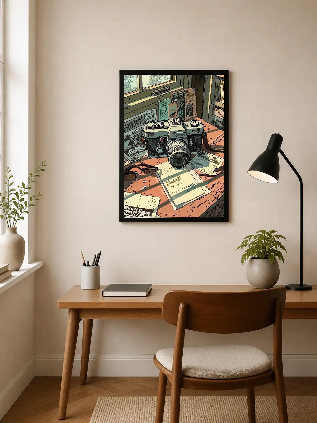 Portrait poster depicting vintage cameras and travel documents on a desk, rendered in muted greens, oranges, and browns with illustrative style