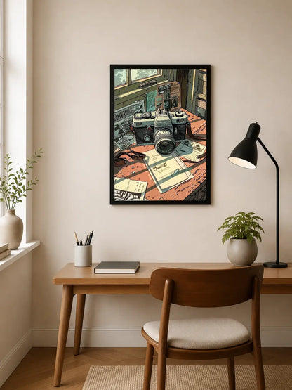 Portrait poster depicting vintage cameras and travel documents on a desk, rendered in muted greens, oranges, and browns with illustrative style