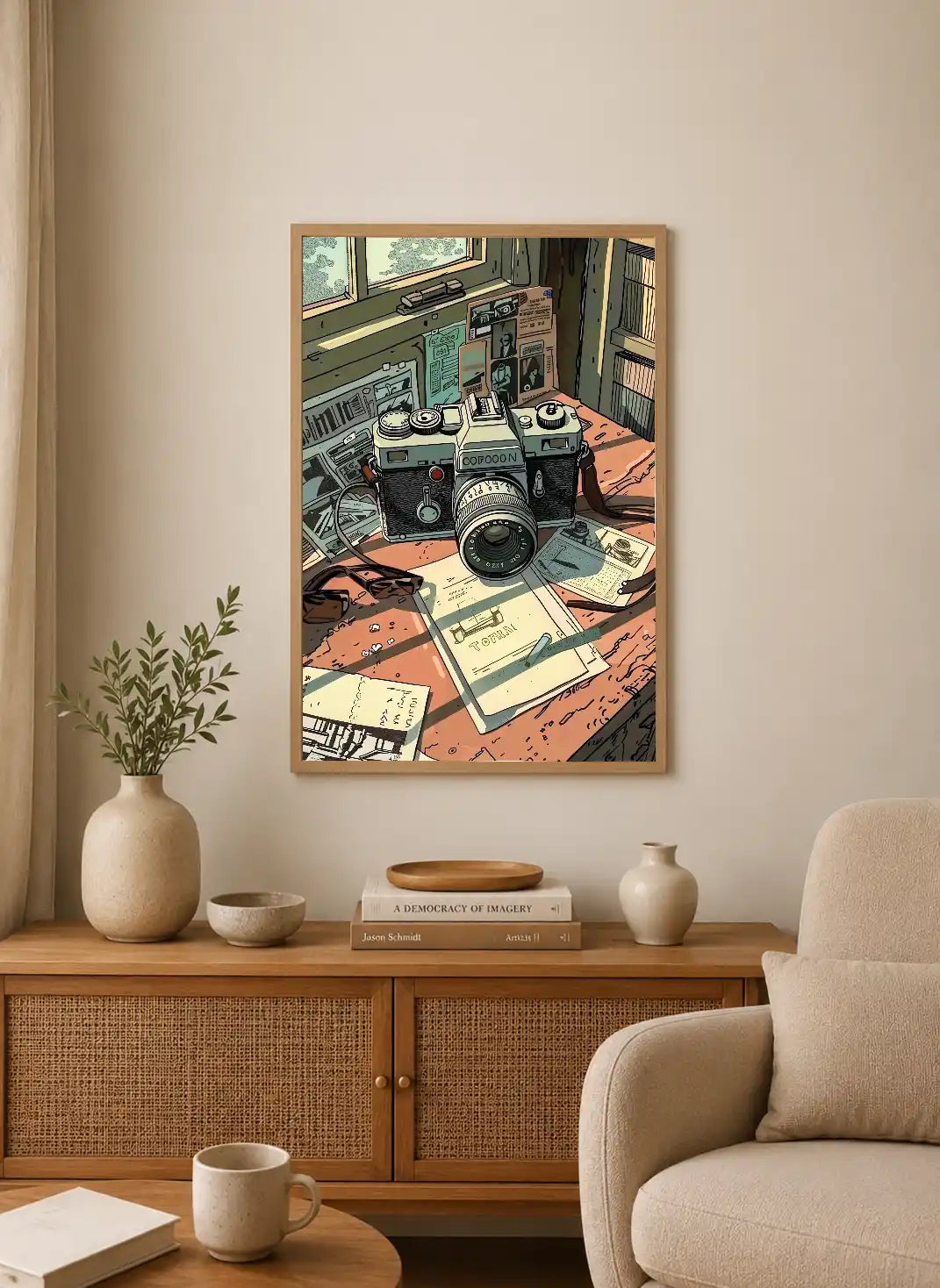 Portrait poster depicting vintage camera on desk with scattered papers and books in muted earth tones and teal hues, illustrative style