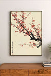 Portrait poster featuring stylized cherry blossoms in soft pink and black ink on a pale cream background with vertical calligraphy on left side