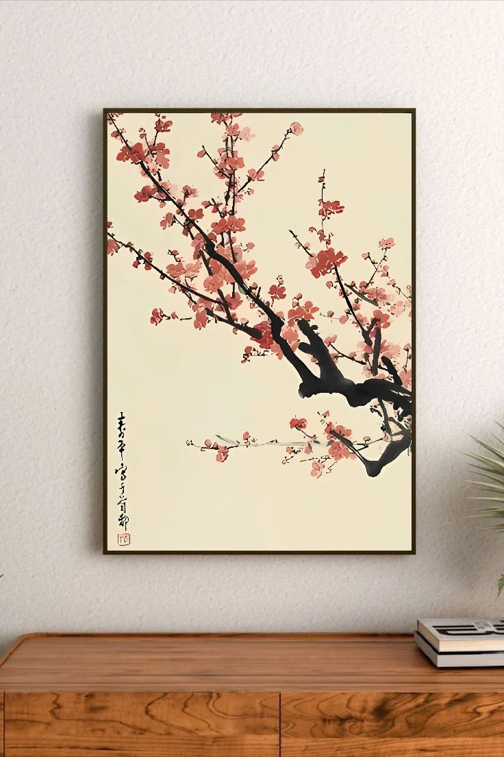 Portrait poster featuring stylized cherry blossoms in soft pink and black ink on a pale cream background with vertical calligraphy on left side