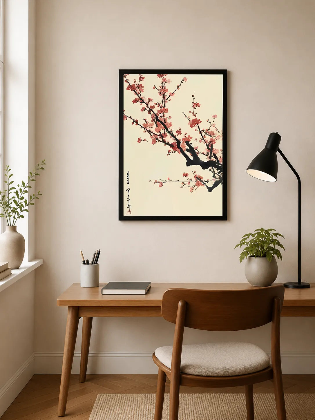 Portrait print of blossoming cherry branches in pink and black against cream background with vertical calligraphy on left side