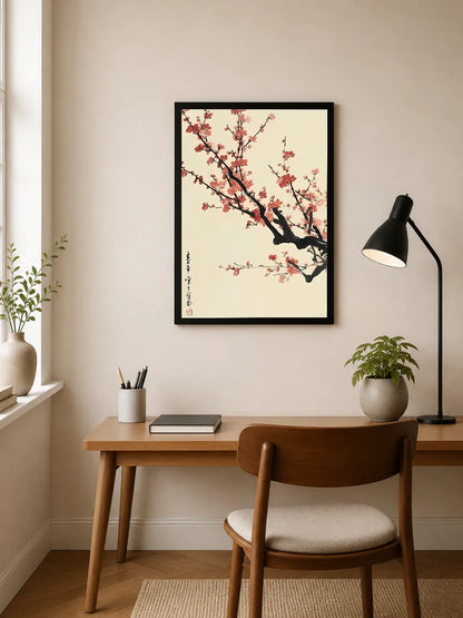 Portrait print of blossoming cherry branches in pink and black against cream background with vertical calligraphy on left side
