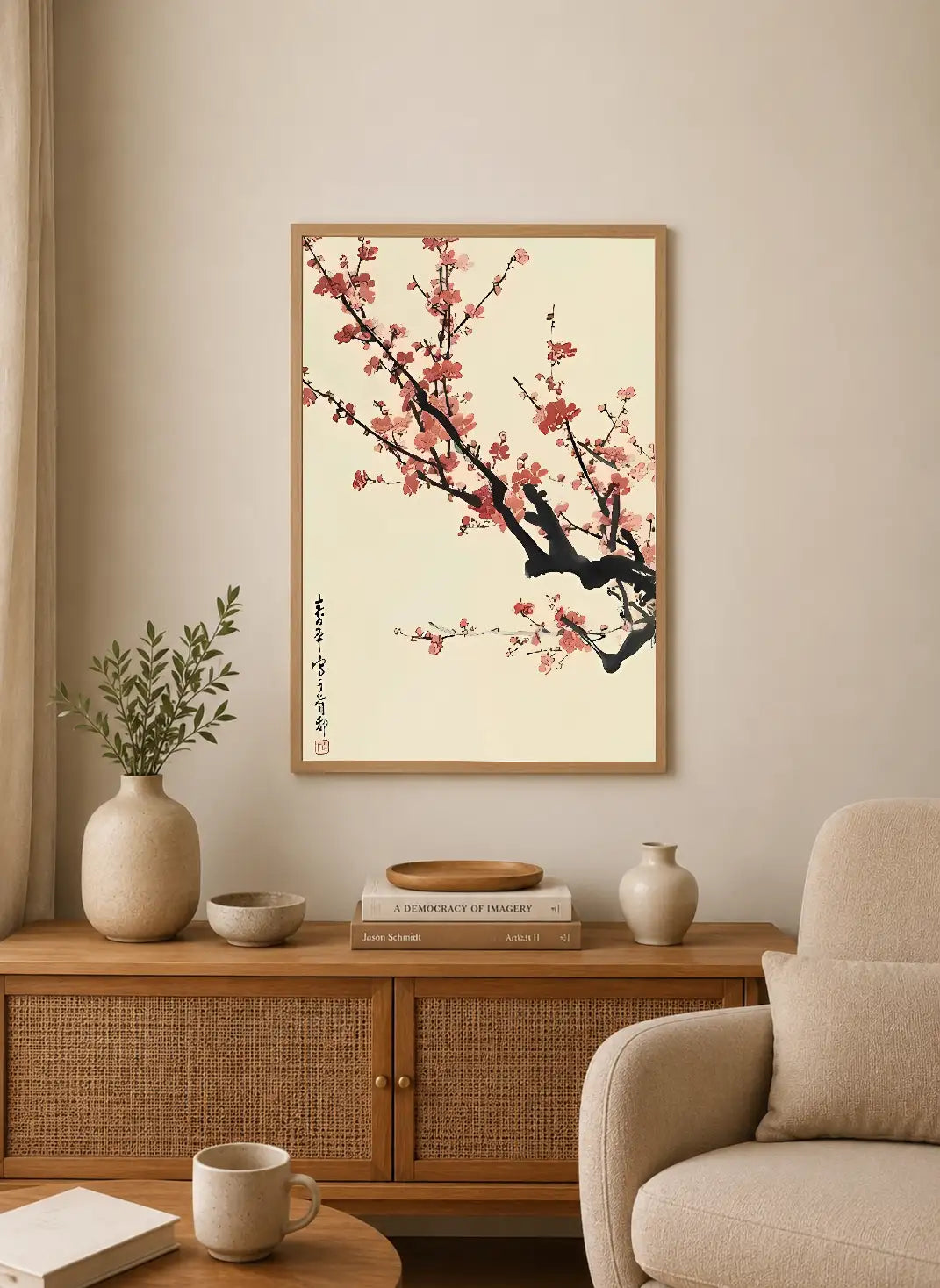 Portrait print featuring blooming cherry blossoms in pink and black ink on cream background with vertical calligraphy
