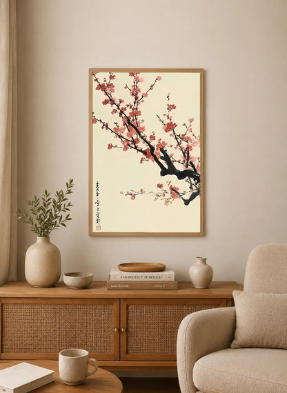 Portrait print featuring blooming cherry blossoms in pink and black ink on cream background with vertical calligraphy