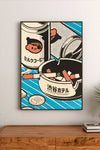 Portrait poster with stylized Japanese coffee cup, ashtray labeled "渋谷ホテル", cigarettes, coins, and bold typography in retro comic style against