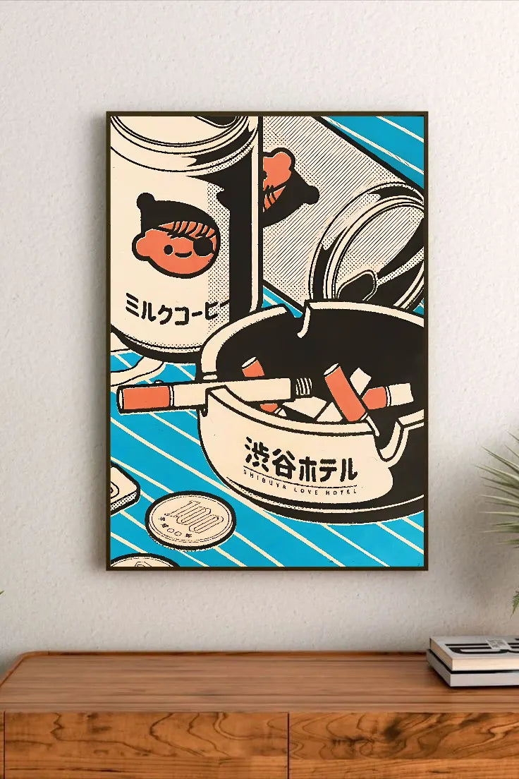Portrait poster with stylized Japanese coffee cup, ashtray labeled "渋谷ホテル", cigarettes, coins, and bold typography in retro comic style against