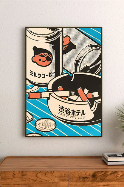Portrait poster with stylized Japanese coffee cup, ashtray labeled "渋谷ホテル", cigarettes, coins, and bold typography in retro comic style against