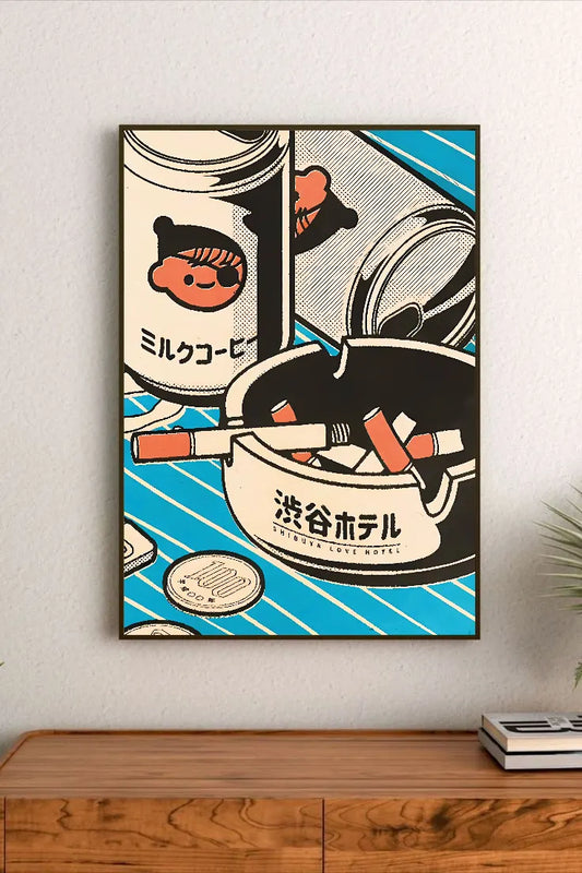 Portrait poster with stylized Japanese coffee cup, ashtray labeled "渋谷ホテル", cigarettes, coins, and bold typography in retro comic style against