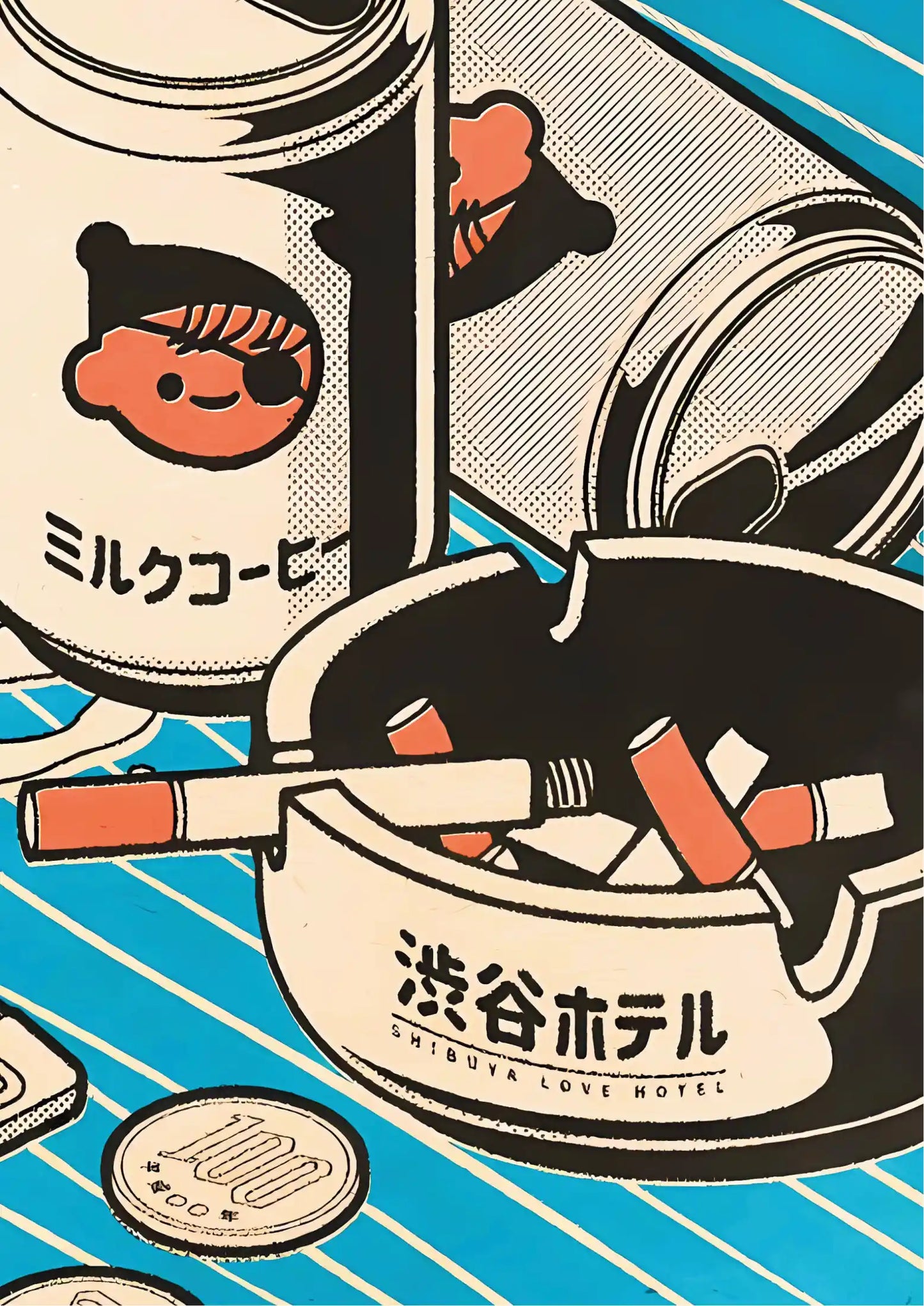 Illustration with stylized cans and ashtray; colors include orange, black, white, blue; typography in Japanese and English; comic art style