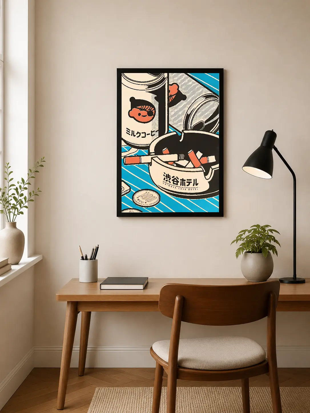 Portrait poster featuring stylized coffee cups and an ashtray with Japanese text on a blue-striped background in pop-art style