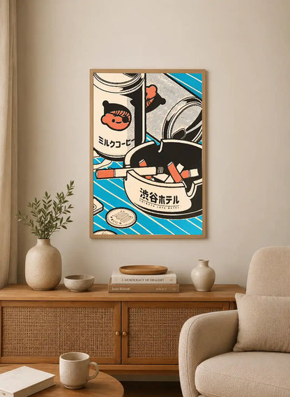Portrait poster with bold blue and black stripes, featuring stylized coffee cup, ashtray labeled “渋谷ホテル,” coins, and manga-style faces in minimalist