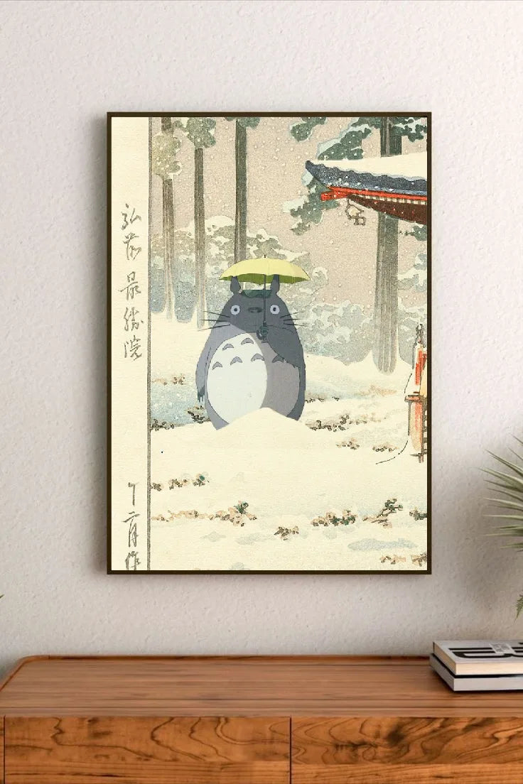 Portrait poster featuring Totoro holding a yellow umbrella in a snowy forest with traditional Japanese architecture and vertical calligraphy on the