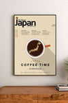 Portrait poster with "All About Japan" title, coffee cup featuring Japan map silhouette, beige background, black and brown typography