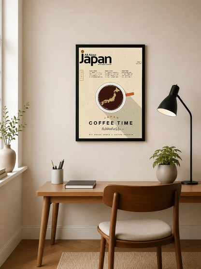 Portrait poster featuring "All About Japan" title, coffee cup with map silhouette, and typography in beige and black on textured background