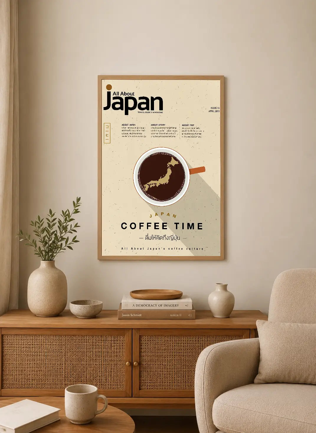 Portrait poster featuring a coffee cup with Japan map silhouette, minimalist typography, beige and brown tones, travel magazine layout