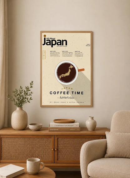 Portrait poster featuring a coffee cup with Japan map silhouette, minimalist typography, beige and brown tones, travel magazine layout