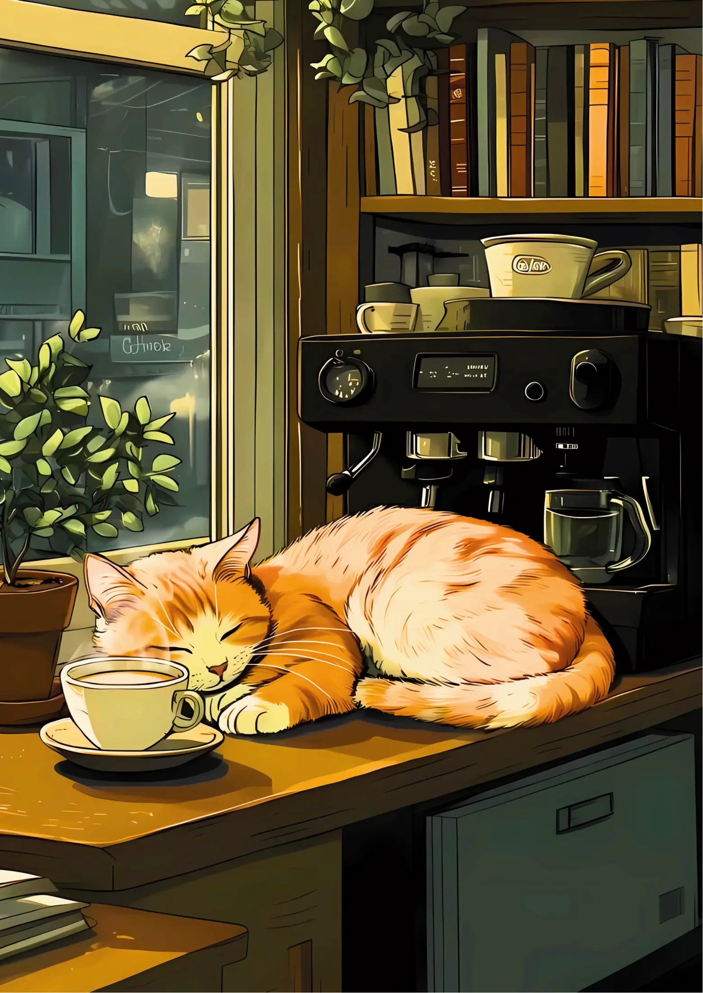 Orange cat sleeping on wooden surface beside coffee cup and espresso machine, warm color palette, illustration style